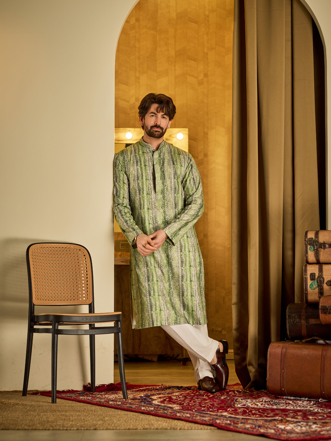 Image of SOJANYA Printed Cotton Silk Straight Kurta for Men (Green)