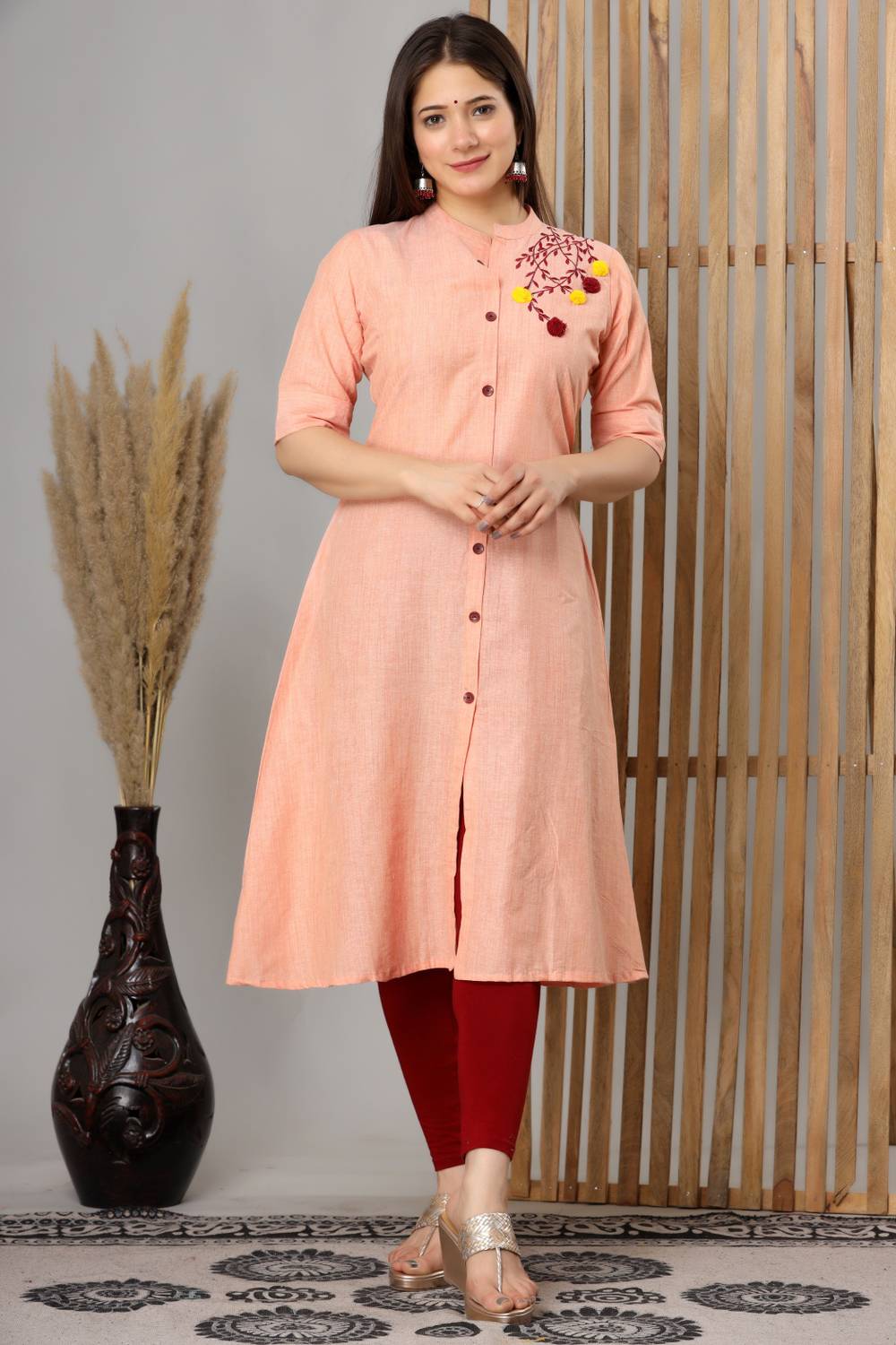 heartloom Women Embroidered Pure Cotton A-line Kurta (Orange)
