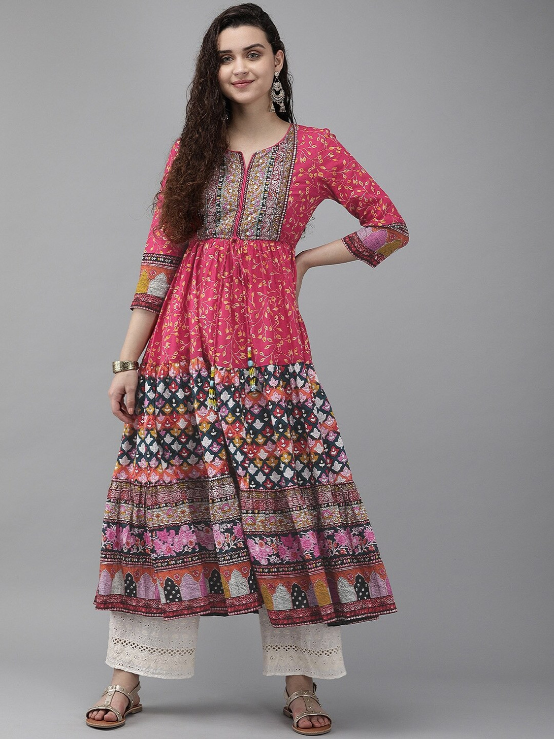Image of Rain & Rainbow Printed, Floral Print, Geometric Print, Animal Print Pure Cotton Anarkali Kurta for Women (Pink)