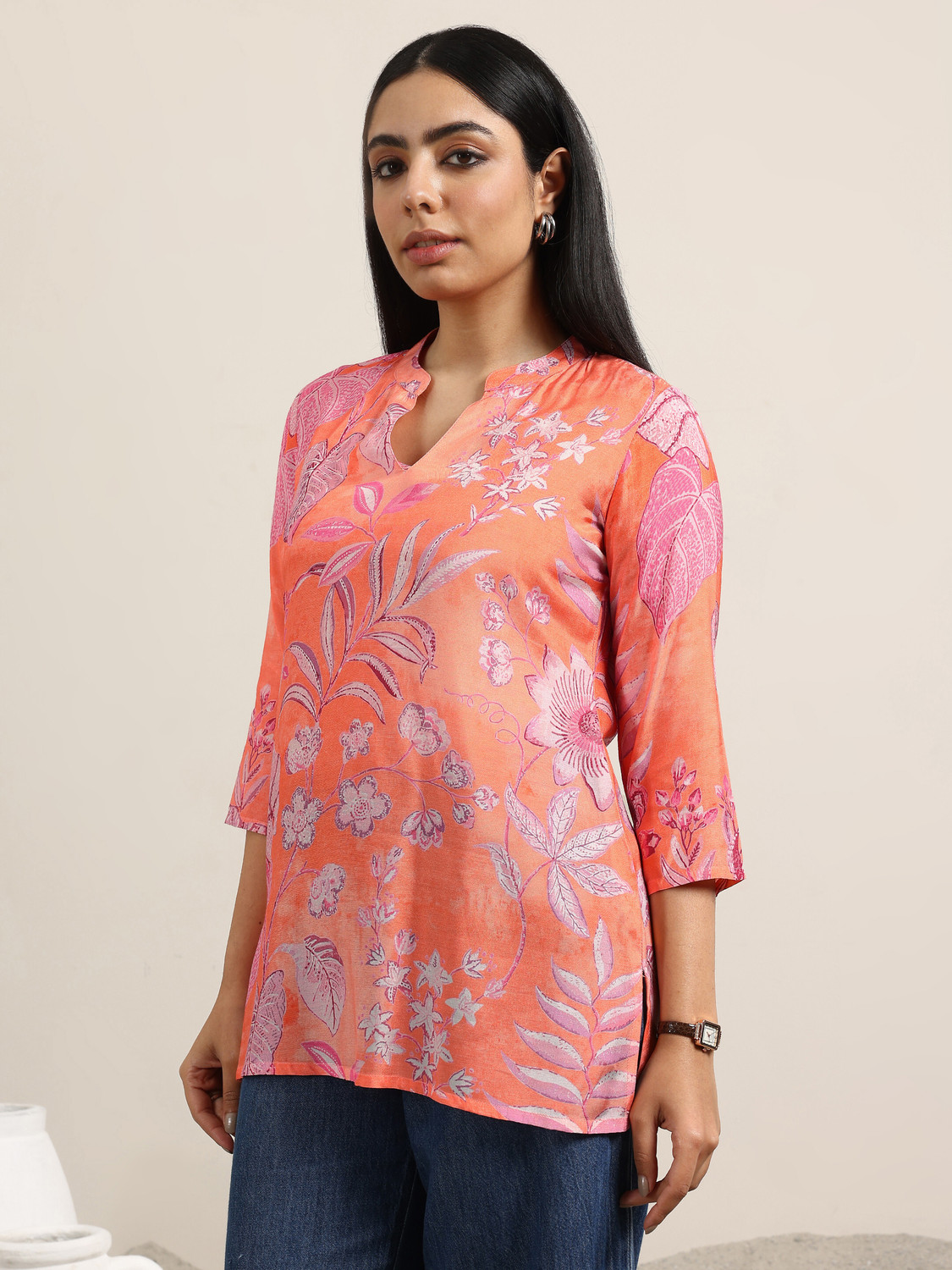 Image of GERUA BY LIBAS Printed Silk Blend Straight Kurta for Women (Orange)