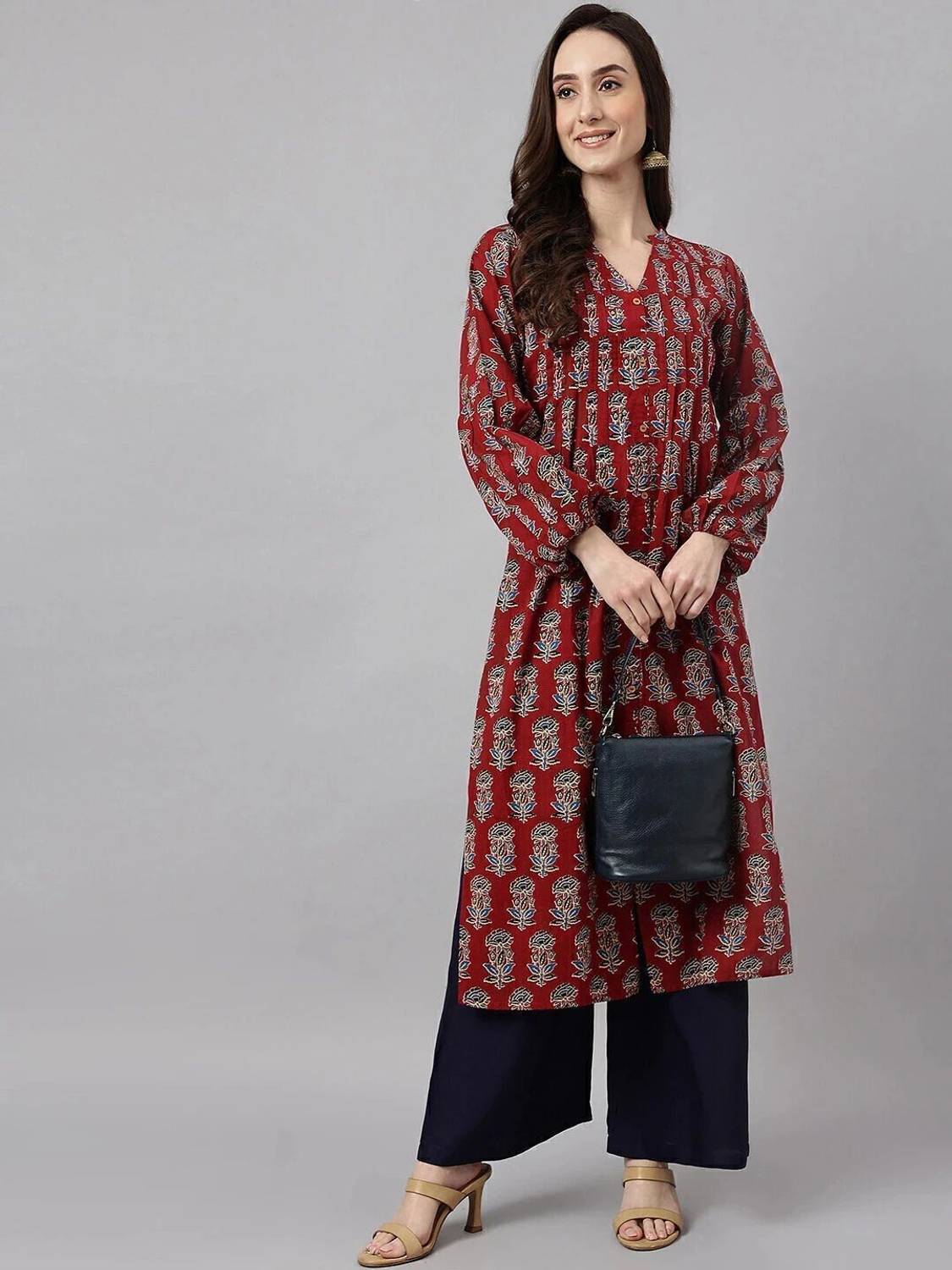 Janasya Women Floral Print Pure Cotton Straight Kurta (Maroon)