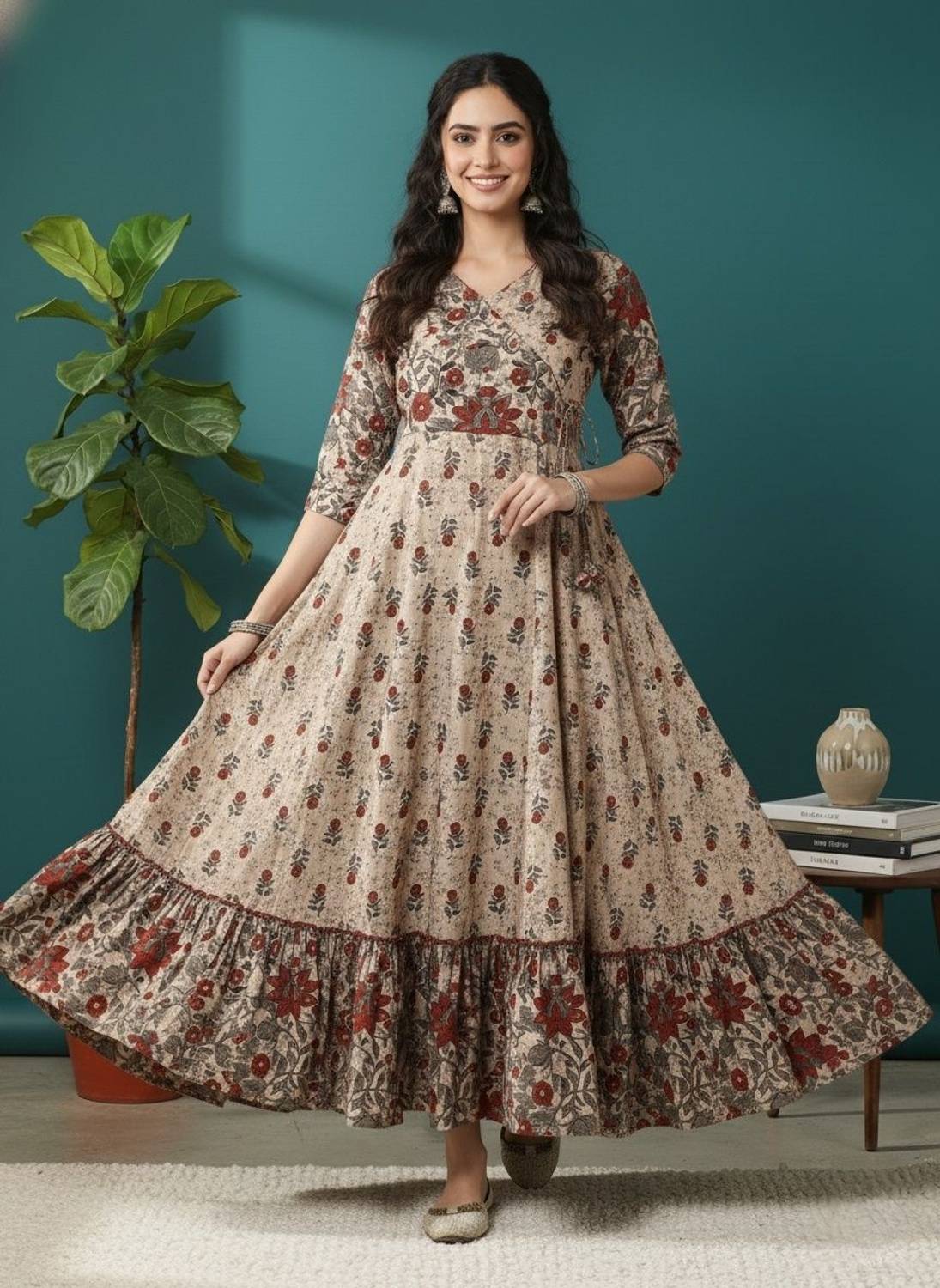 Sa Rasa Women Printed Pure Cotton Anarkali Kurta (Brown)