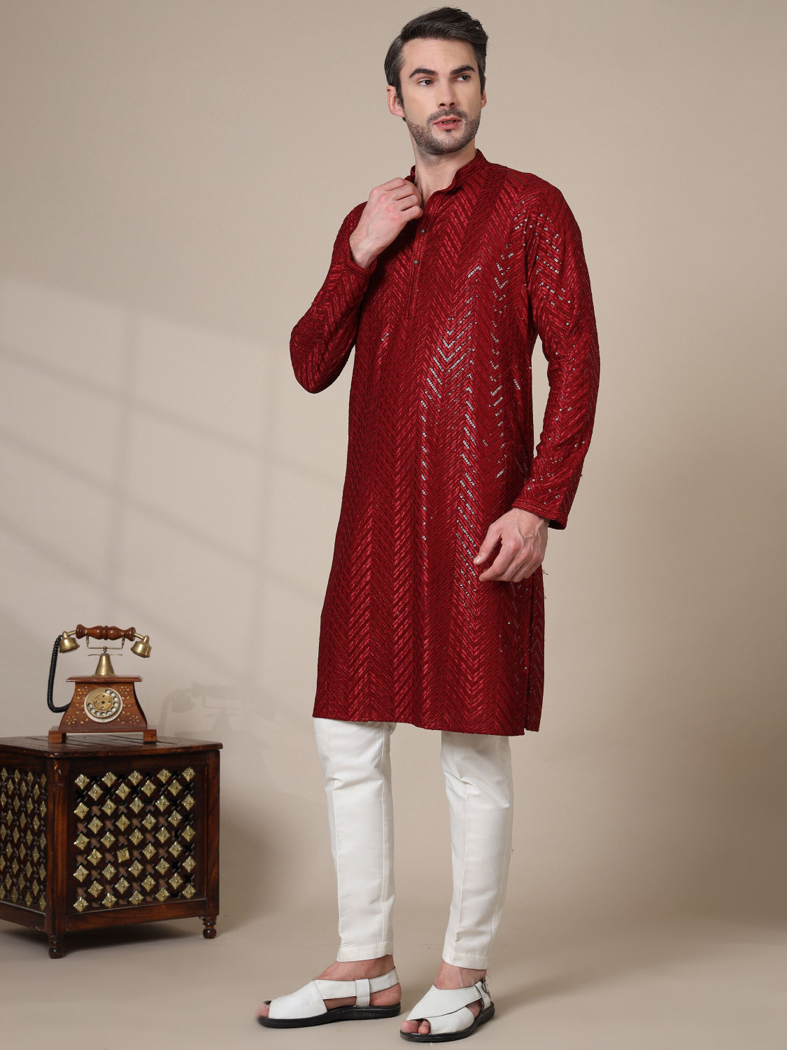 Image of ADHIRAJAN Men Embellished Straight Kurta