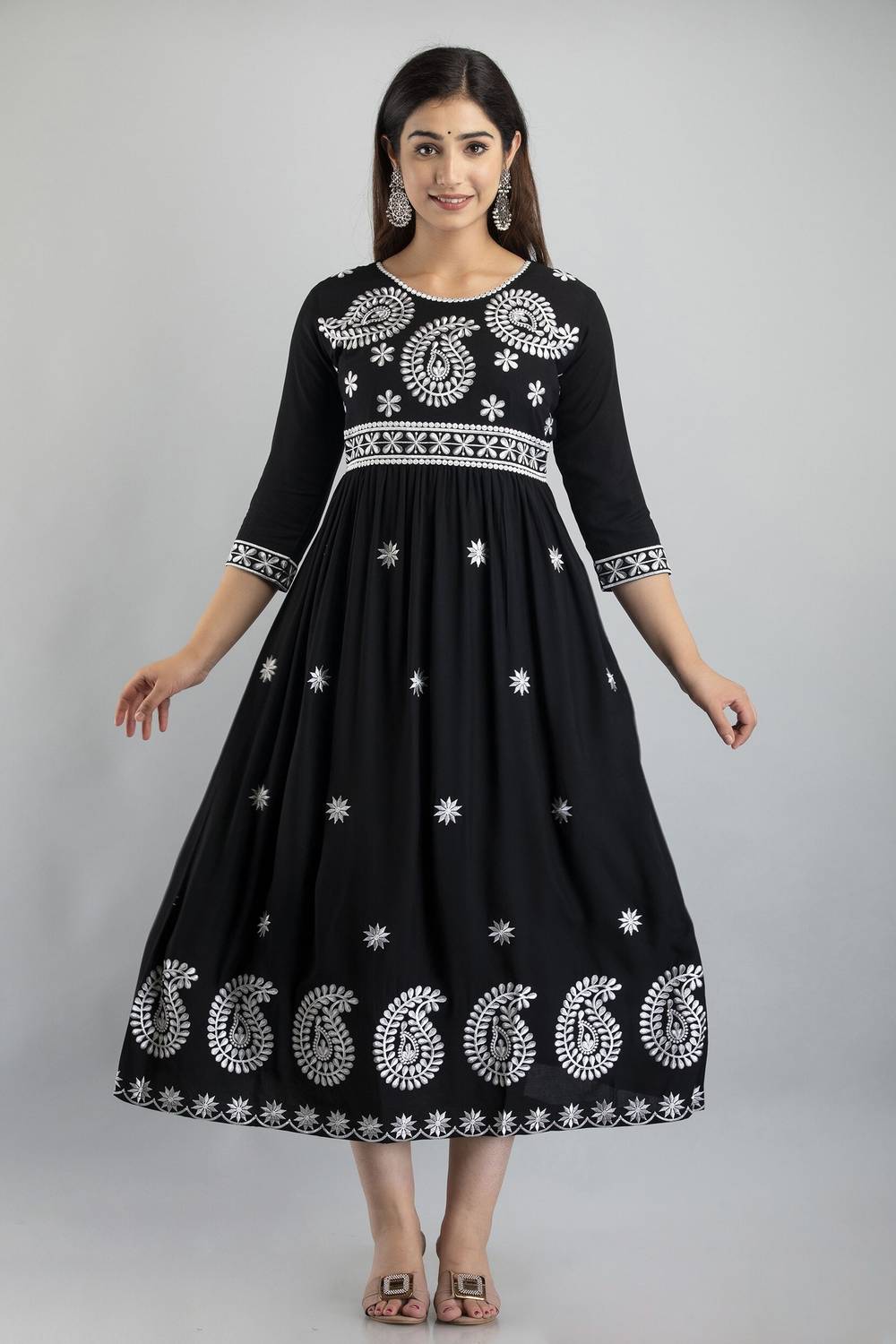 Kriska Women Chikan Embroidery Viscose Rayon Flared Kurta (Black)