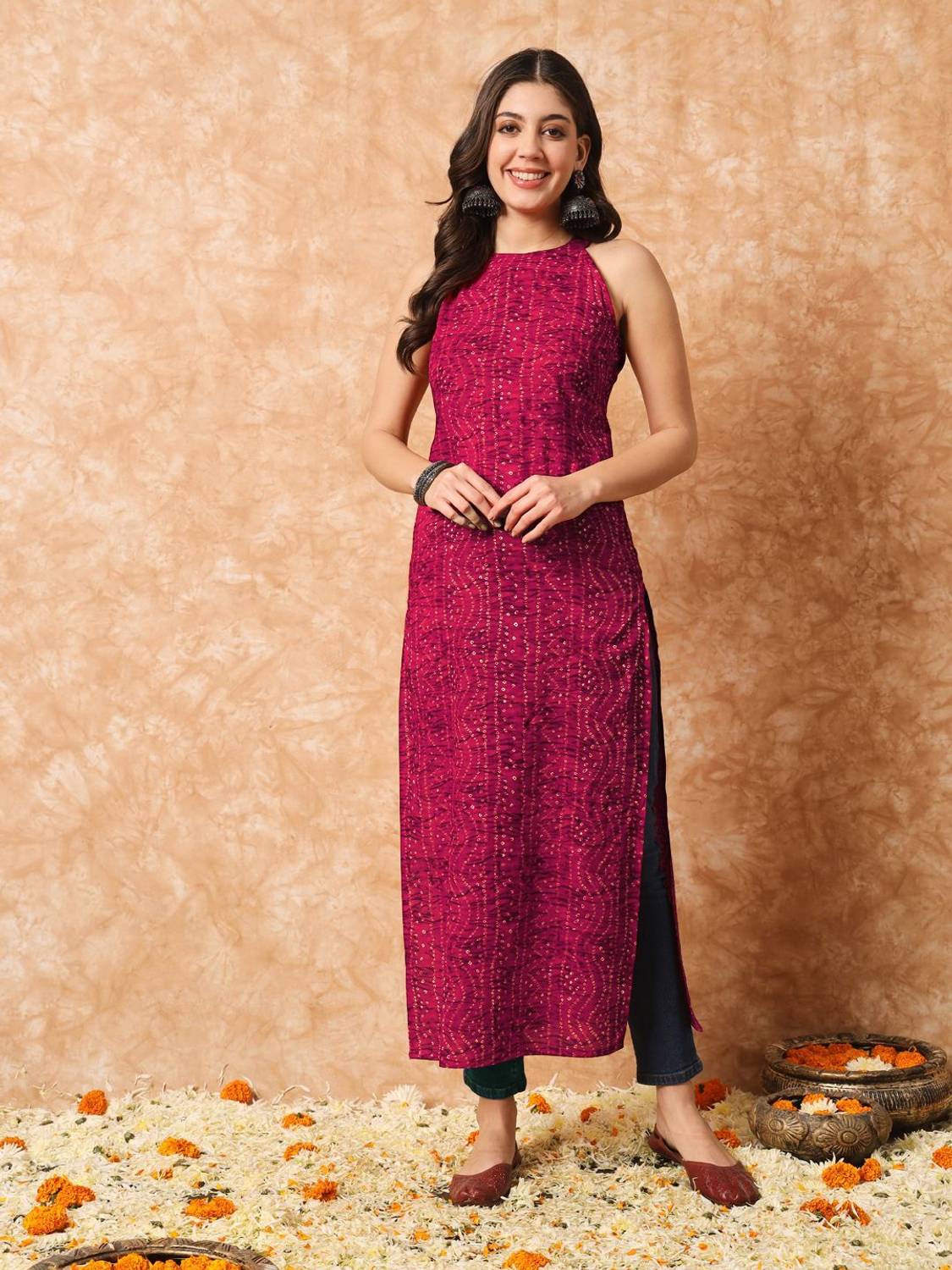 Meeranshi Women Bandhani Viscose Rayon A-line Kurta (Pink)