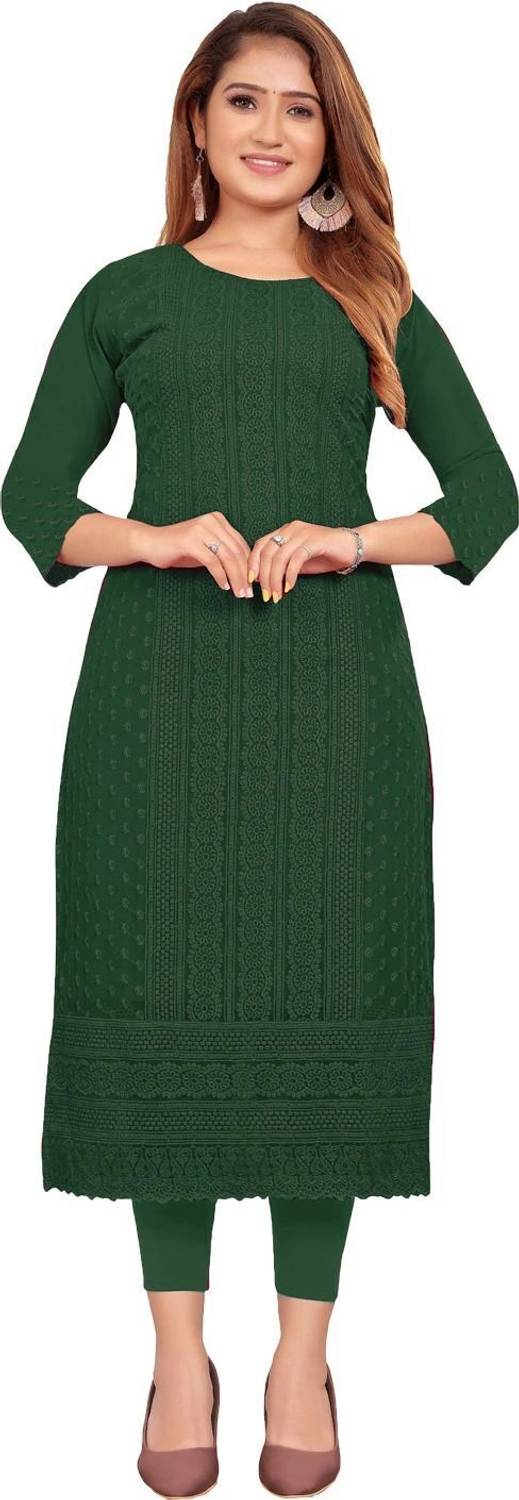 KAYRAAH Women Chikan Embroidery Georgette Straight Kurta (Green)