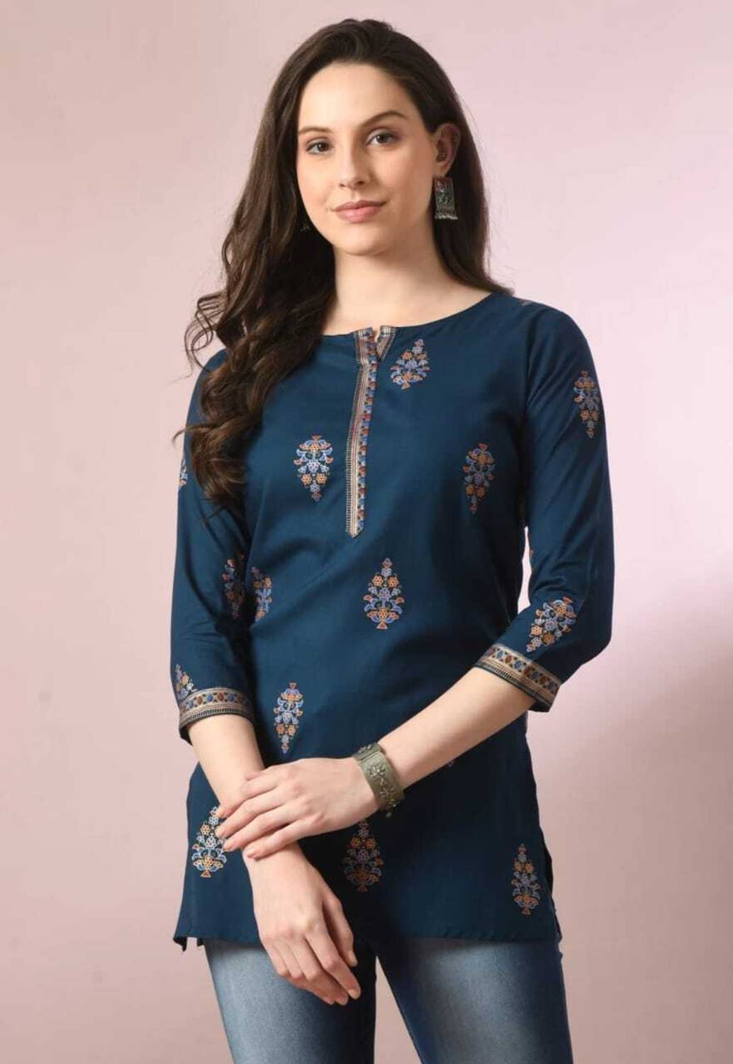 ULMIYAAN Women Printed Viscose Rayon A-line Kurta (Blue)