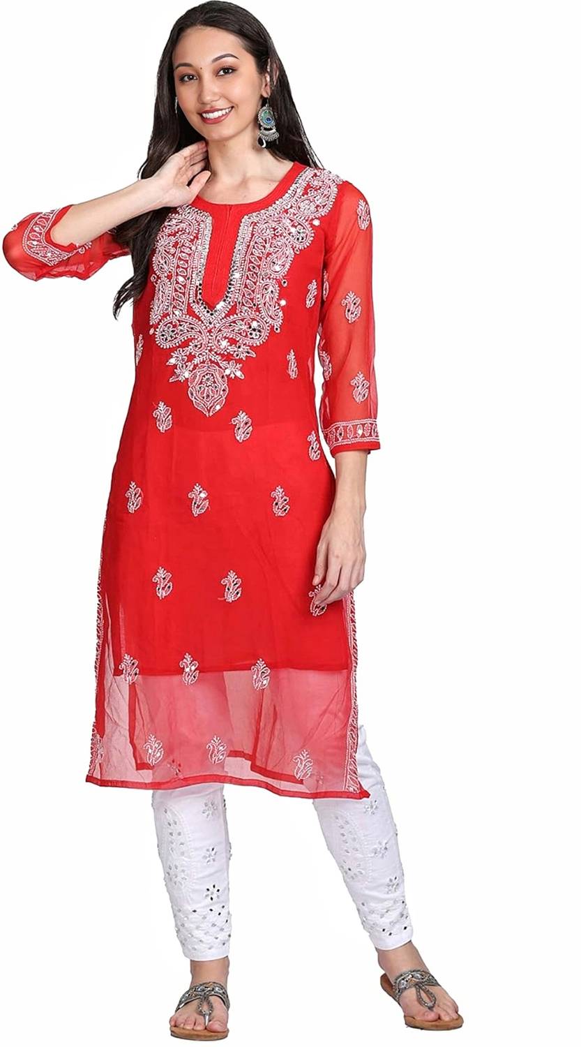 SMAfashion Women Chikan Embroidery Georgette A-line Kurta (Red)