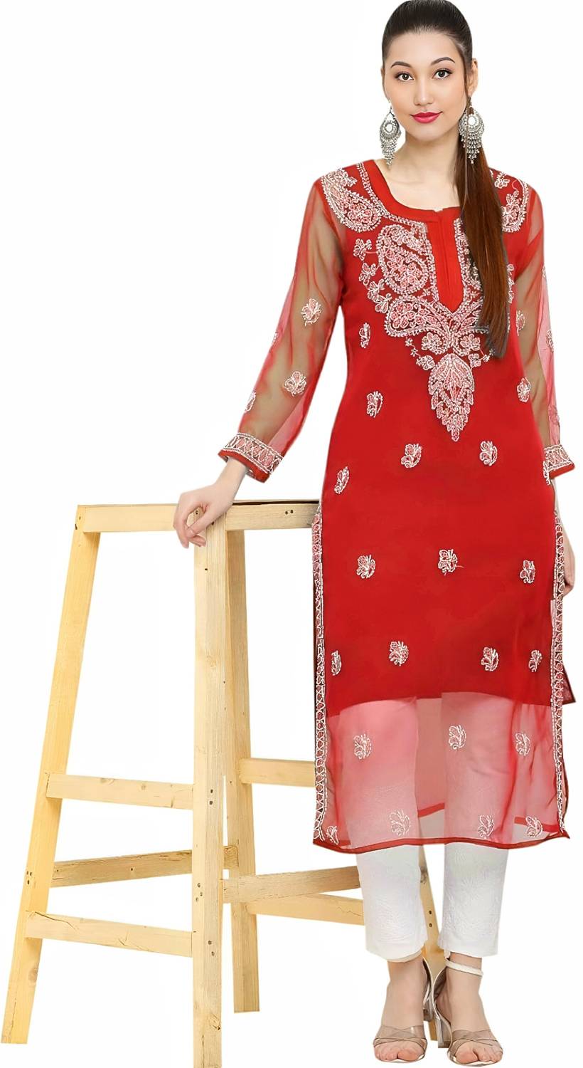 SMAfashion Women Chikan Embroidery Georgette Straight Kurta (Red)