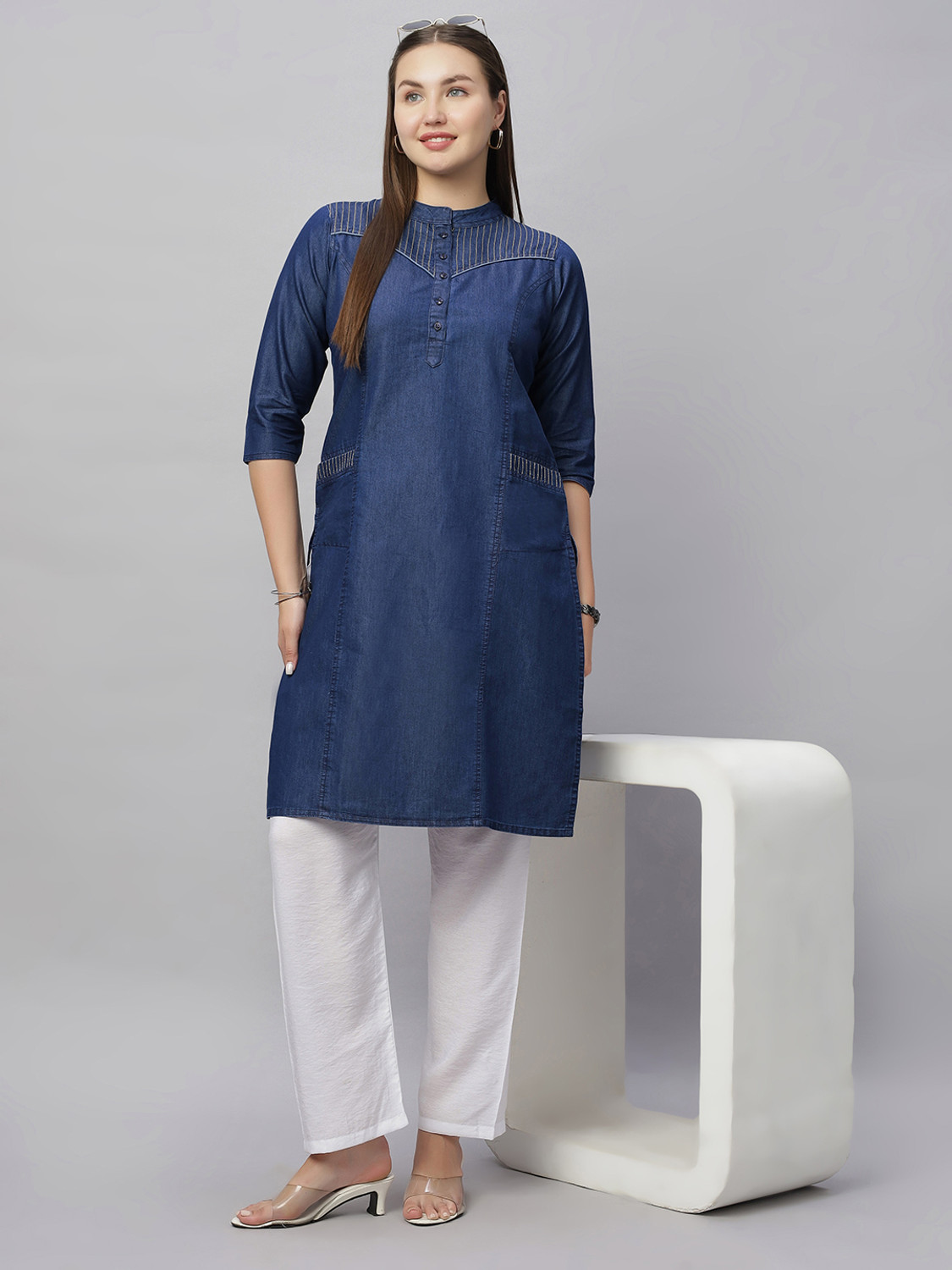 Image of SK Creation Self Design Cotton Blend Straight Kurta for Women (Blue)
