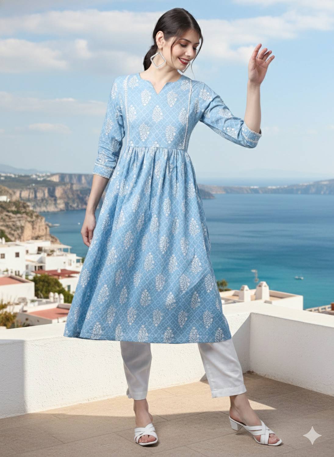 LARGISH Women Printed Pure Cotton A-line Kurta (Blue)