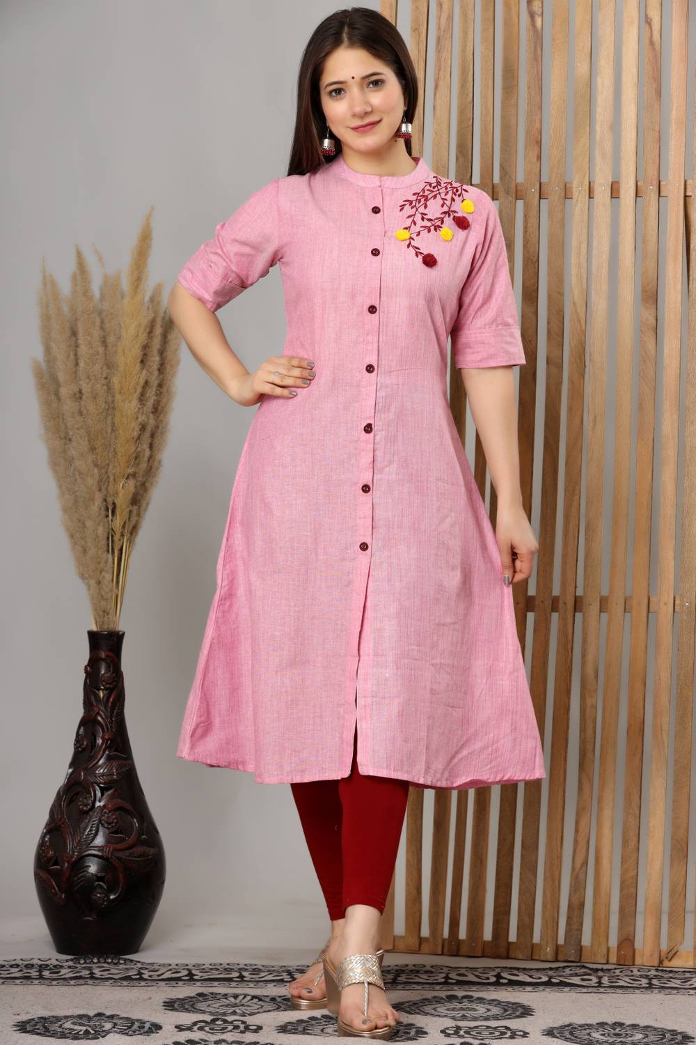 heartloom Women Embroidered Pure Cotton A-line Kurta (Pink)