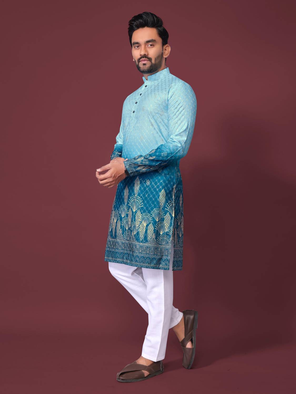 CRYSTALREVENUE Men Blue Printed Straight Kurta - Image 3