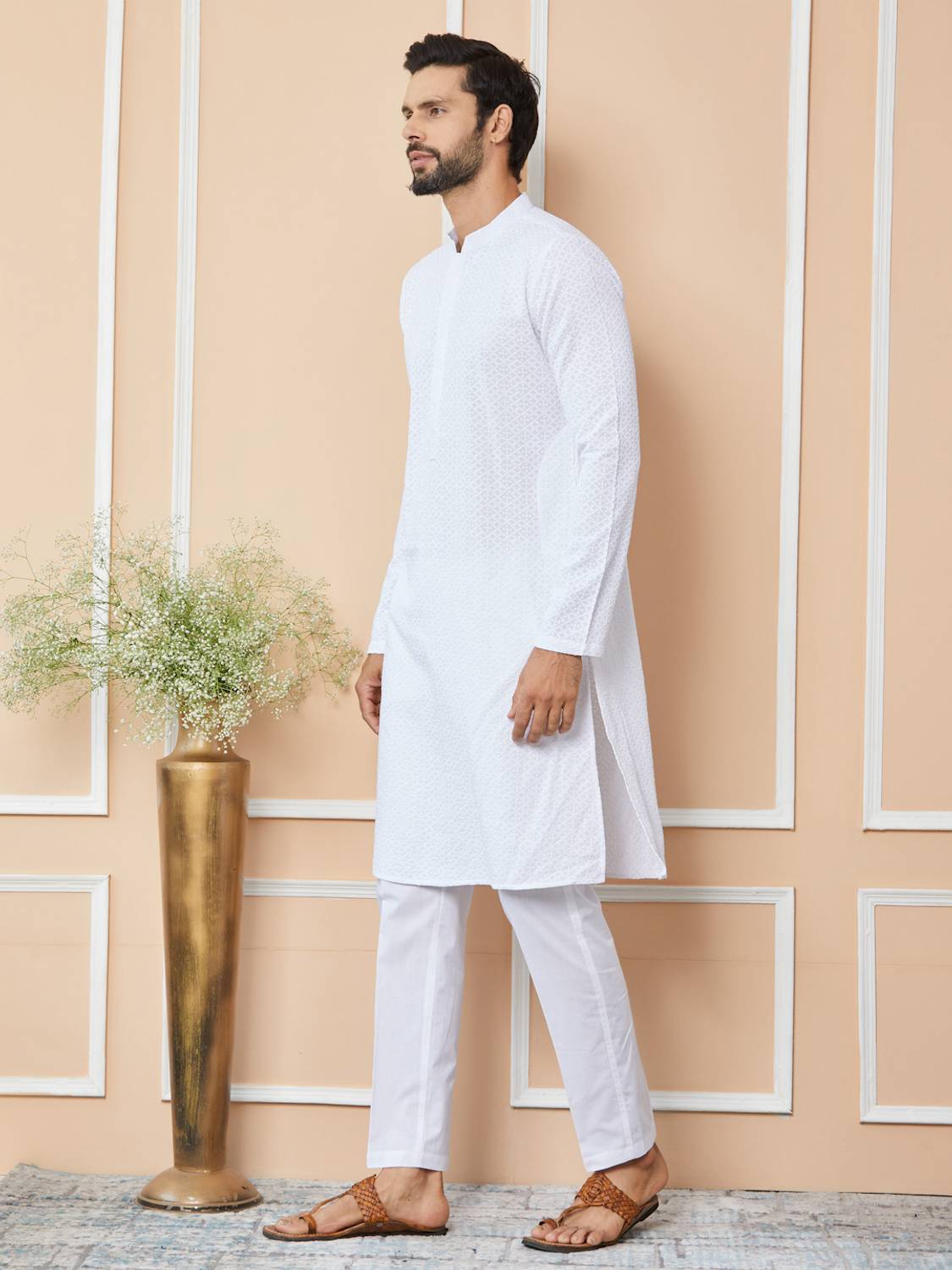 See Designs Kurta & Pigiama Uomo Cotone Ricamato Slim, pesca
