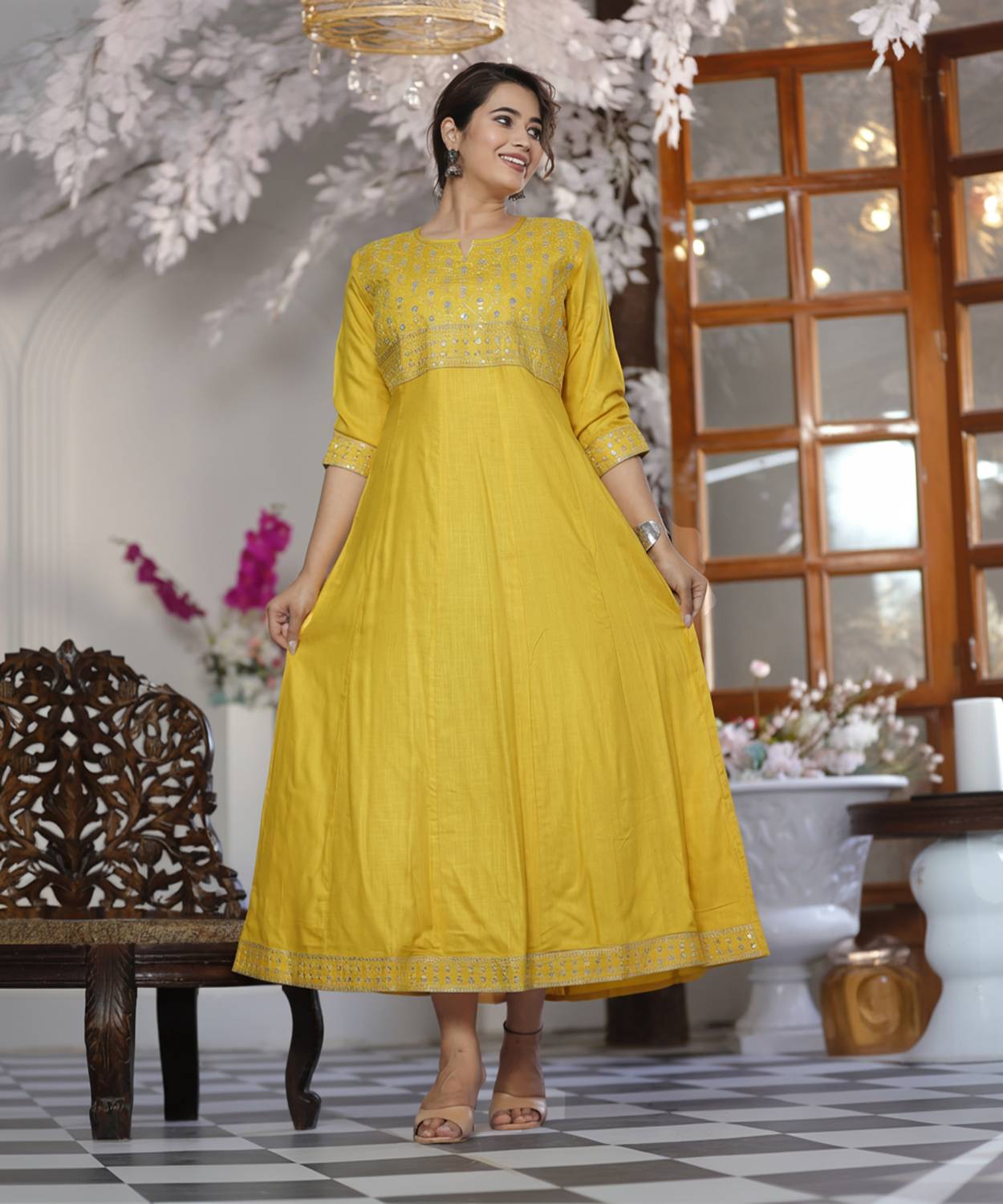 GADODIYA Women Embroidered Viscose Rayon Anarkali Kurta (Yellow)