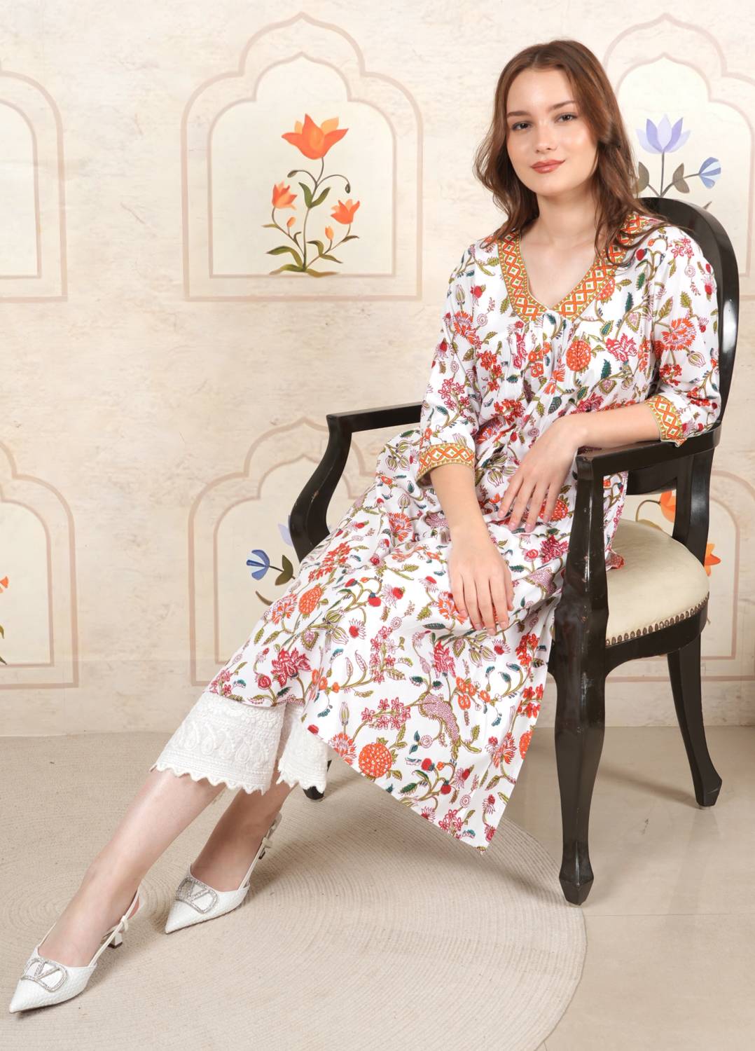 JINVARAM Women Floral Print Viscose Rayon A-line Kurta (Orange)