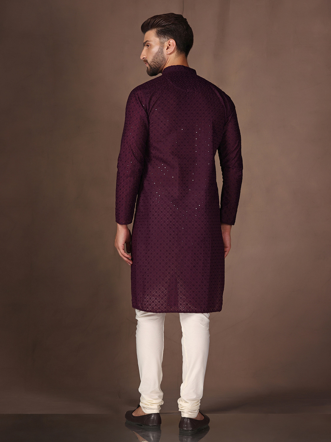Image of Kisah Embellished Cotton Blend Straight Kurta for Men (Maroon)