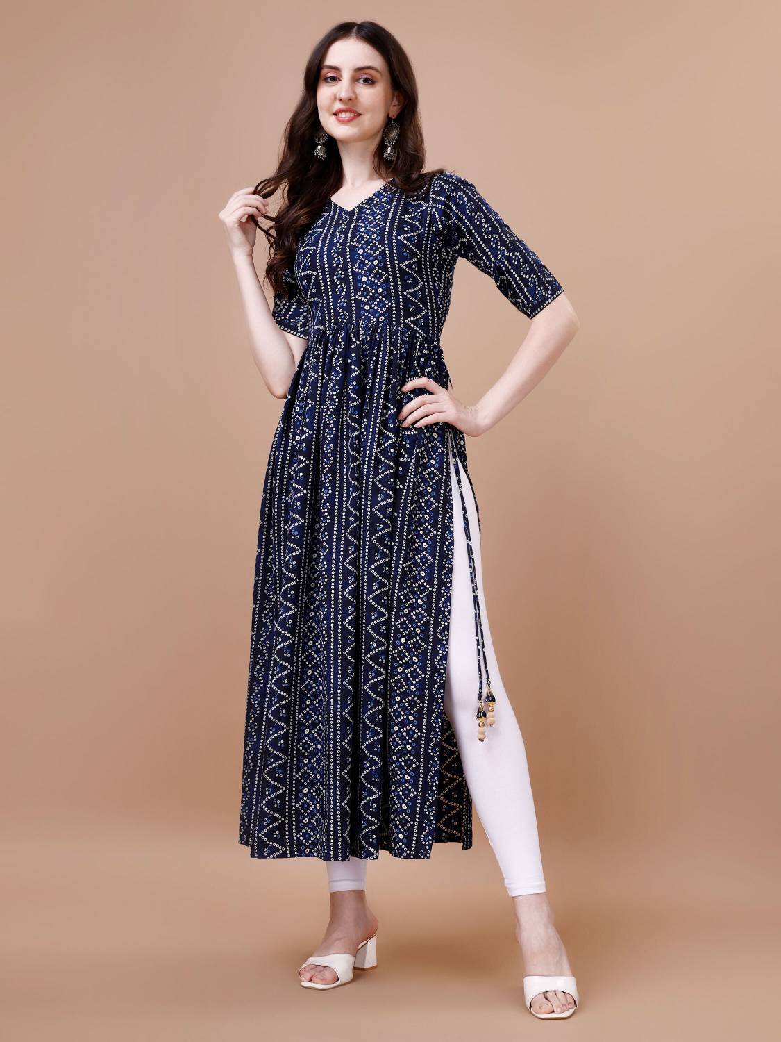 Glomee Women Bandhani Polyester Flared Kurta (Dark Blue)