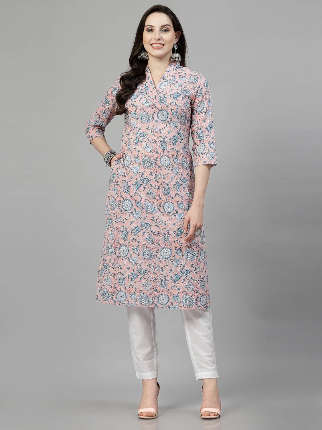 NEW STYLISH Women Self Design Cotton Blend Straight Kurta (Pink,