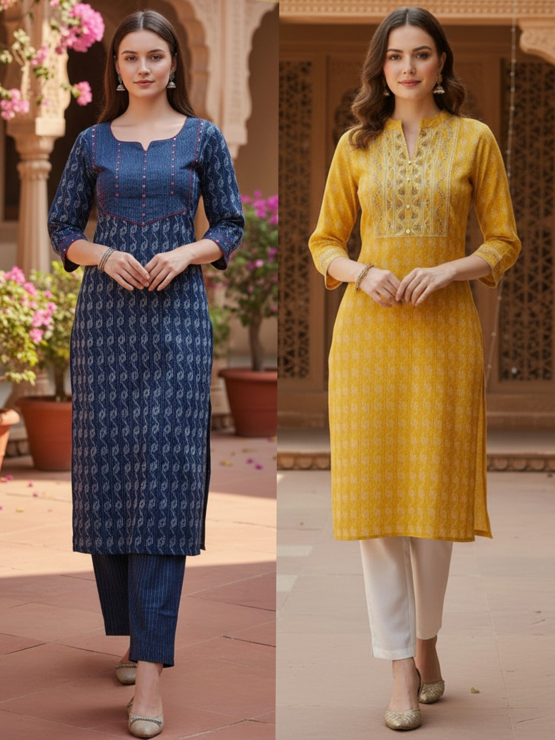 Image of PARADISE STORE Pack of 2 Embroidered Pure Cotton A-line Kurta for Women (Blue, Yellow)