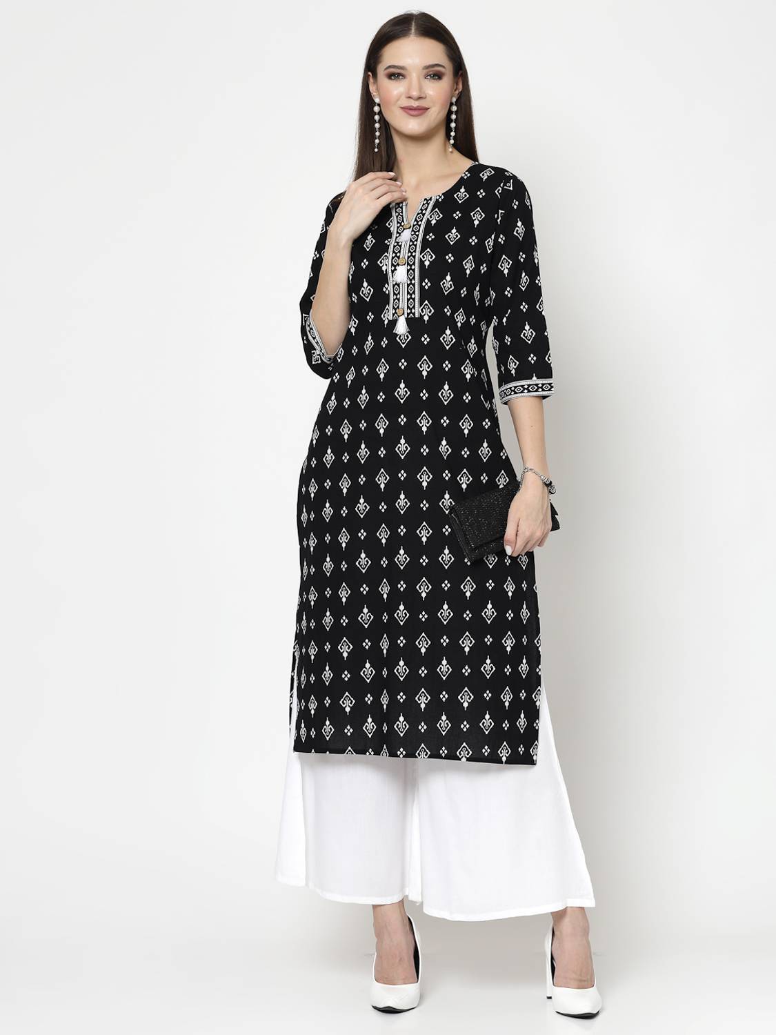 NEW STYLISH Women Self Design Cotton Blend Straight Kurta (Black)