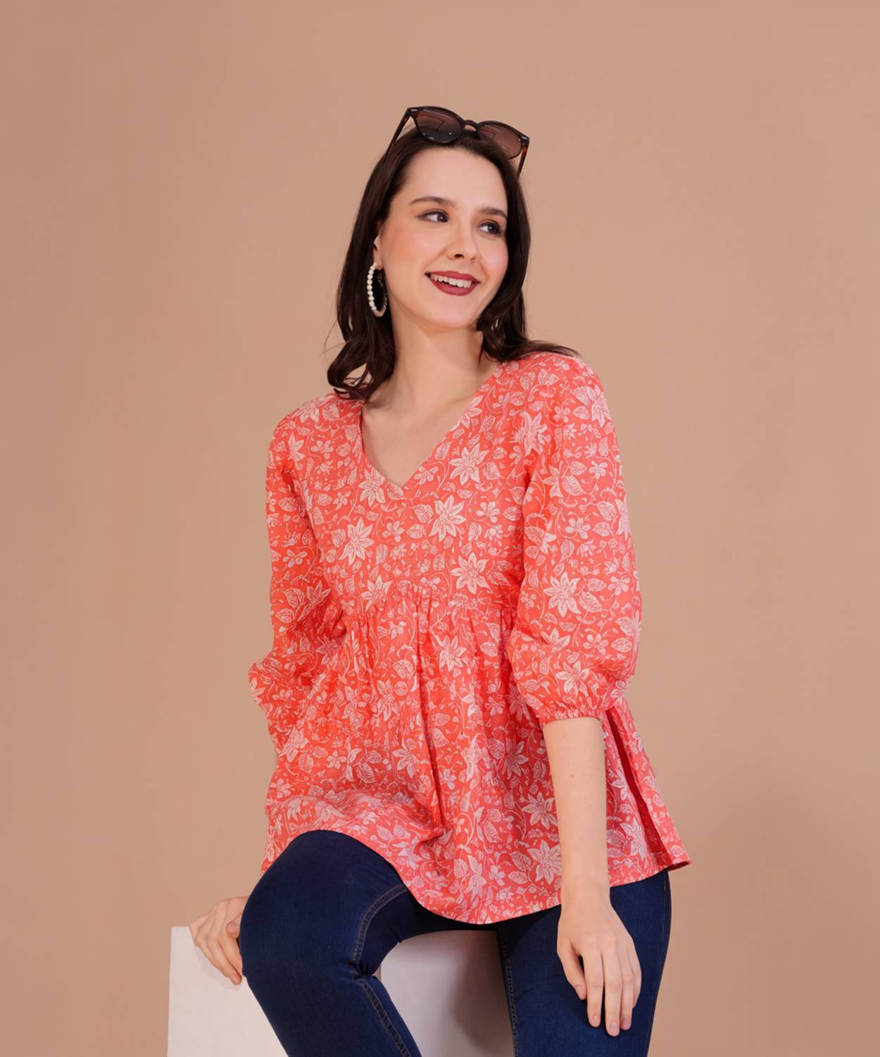 Shions Women Floral Print Cotton Blend Flared Kurta (Orange)