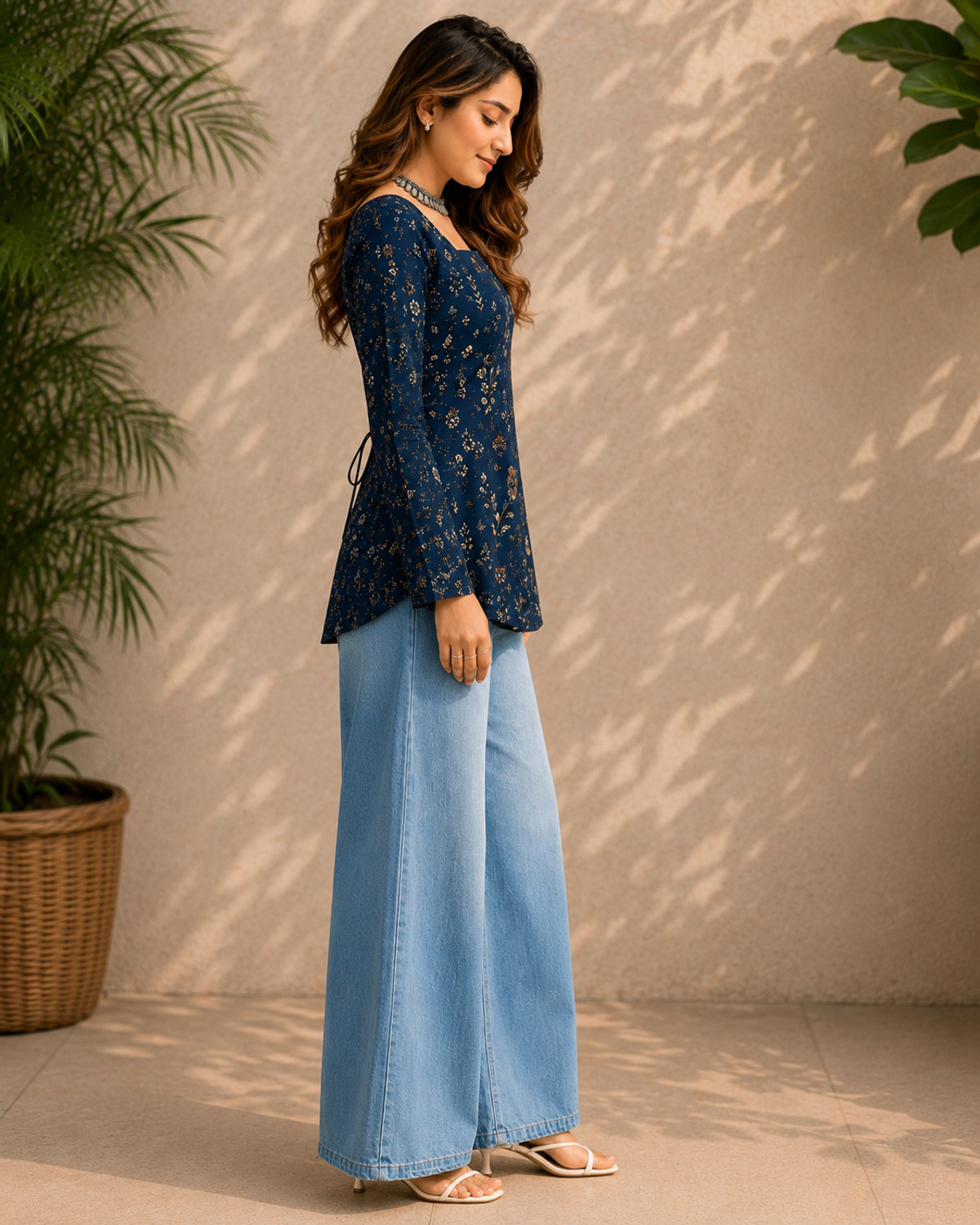 Image of folkflair Floral Print Viscose Rayon Tunic Kurta for Women (Light Blue)