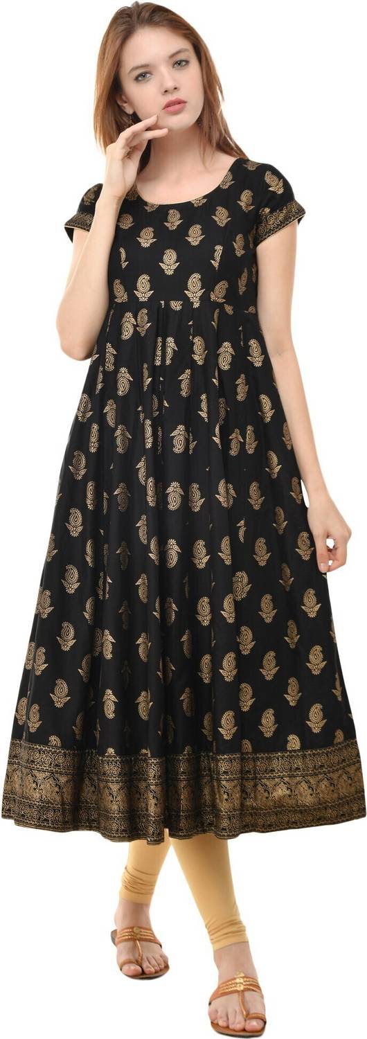 poshak Women Printed Cotton Blend Flared Kurta (Black)
