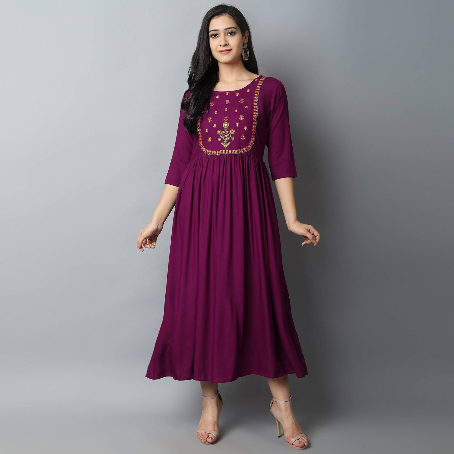 Kriska Women Embroidered Viscose Rayon A-line Kurta (Maroon)
