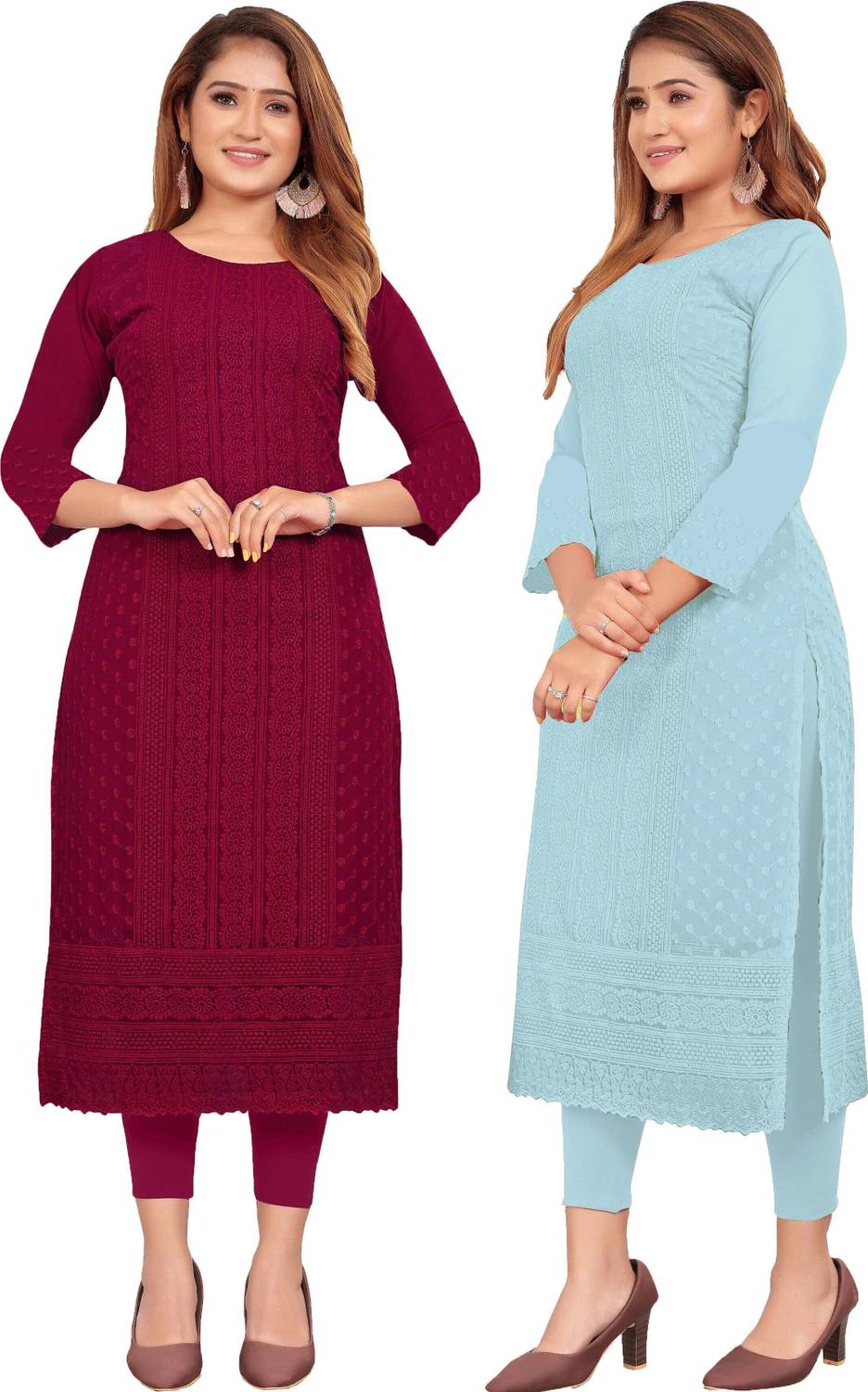 KAYRAAH Pack of 2 Women Chikan Embroidery Georgette Straight Kurt