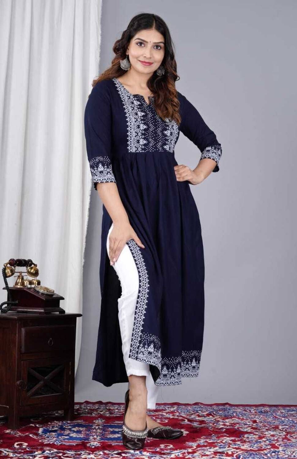 ShreeBalaji Women Printed Viscose Rayon Straight Kurta (Dark Blue