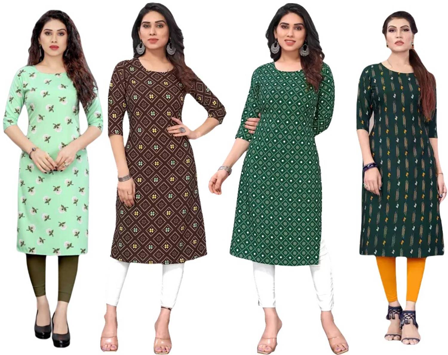 Hiral Pack of 4 Women Printed Crepe Straight Kurta (Brown)