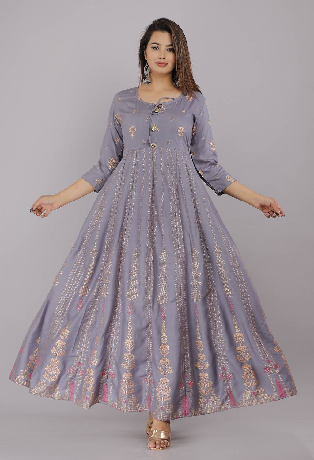 ANNEIV Women Printed Viscose Rayon Anarkali Kurta (Grey)