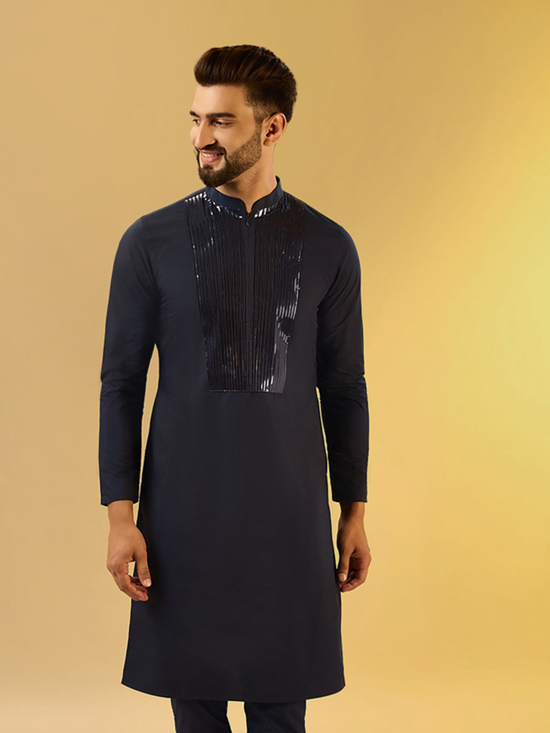 Image of Kisah Embellished Cotton Blend Straight Kurta for Men (Black)