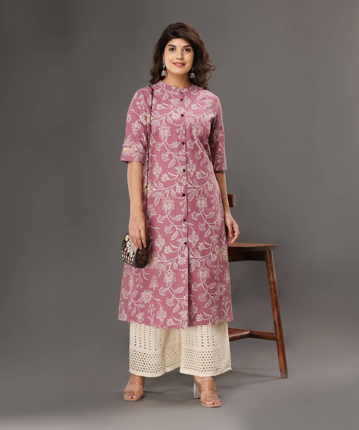LOOMS21 Women Floral Print Viscose Rayon A-line Kurta (Pink)