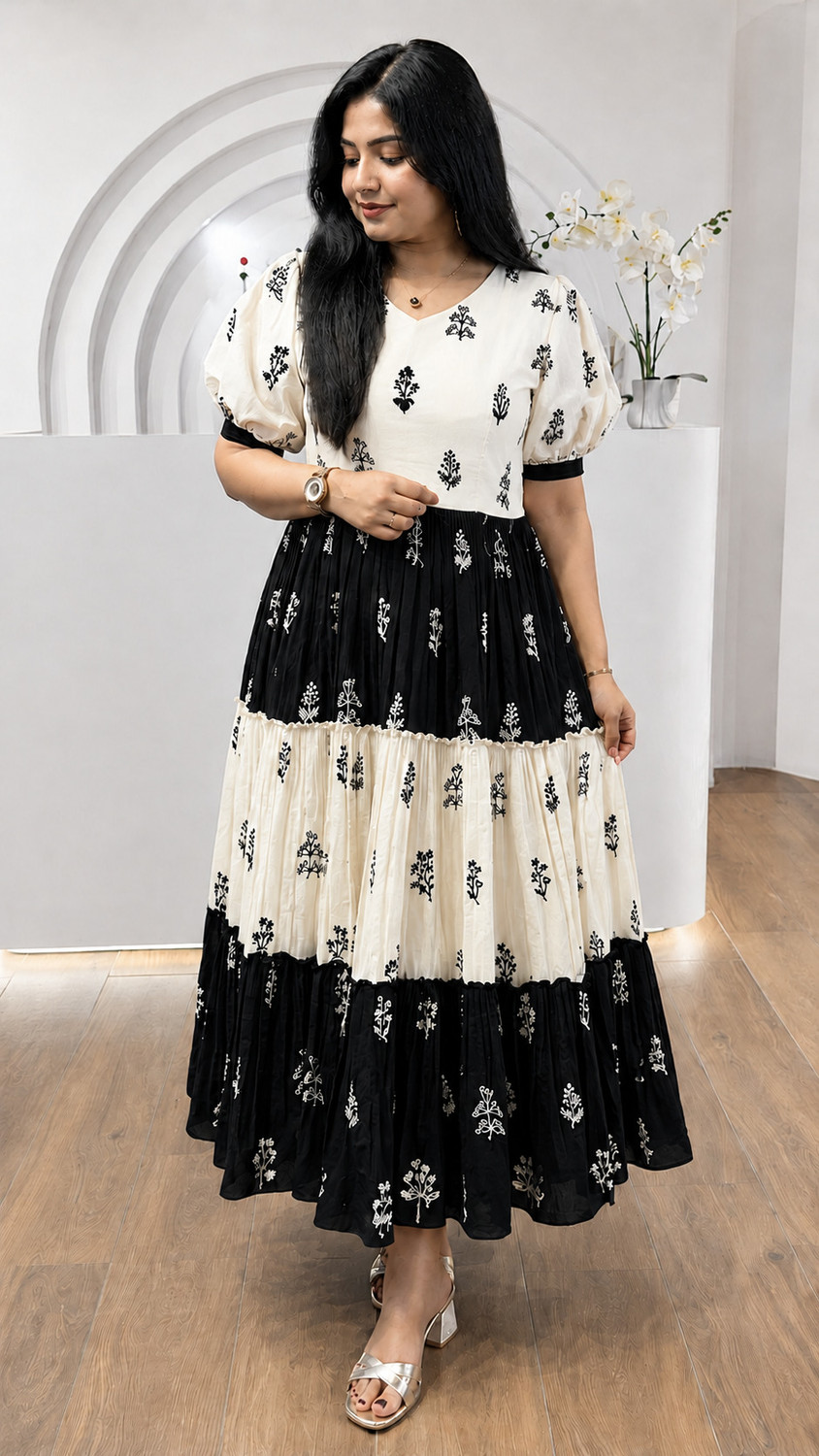 Image of SEYAFAB Women Tiered White, Black Below Knee Dress