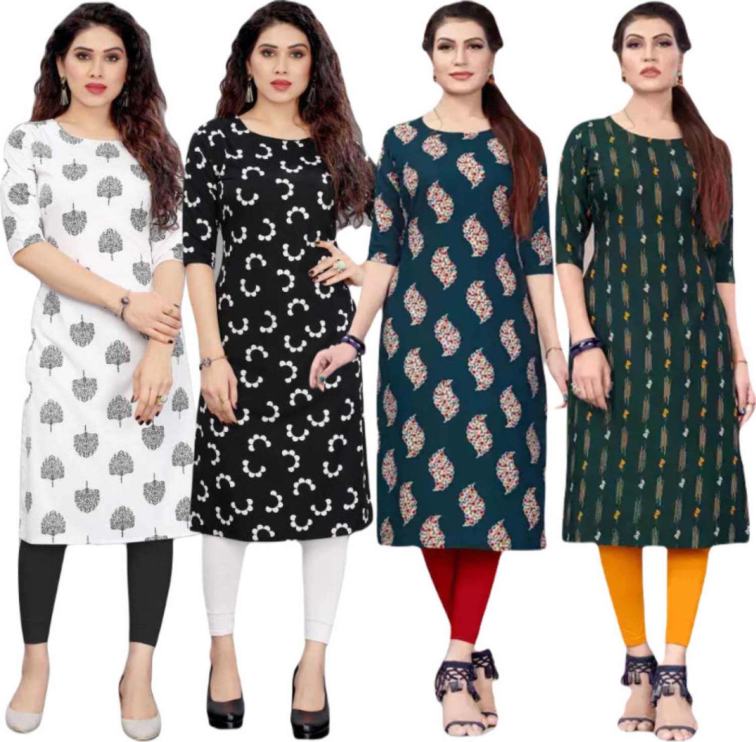 KurtisMart Pack of 4 Women Printed Crepe Straight Kurta (White)
