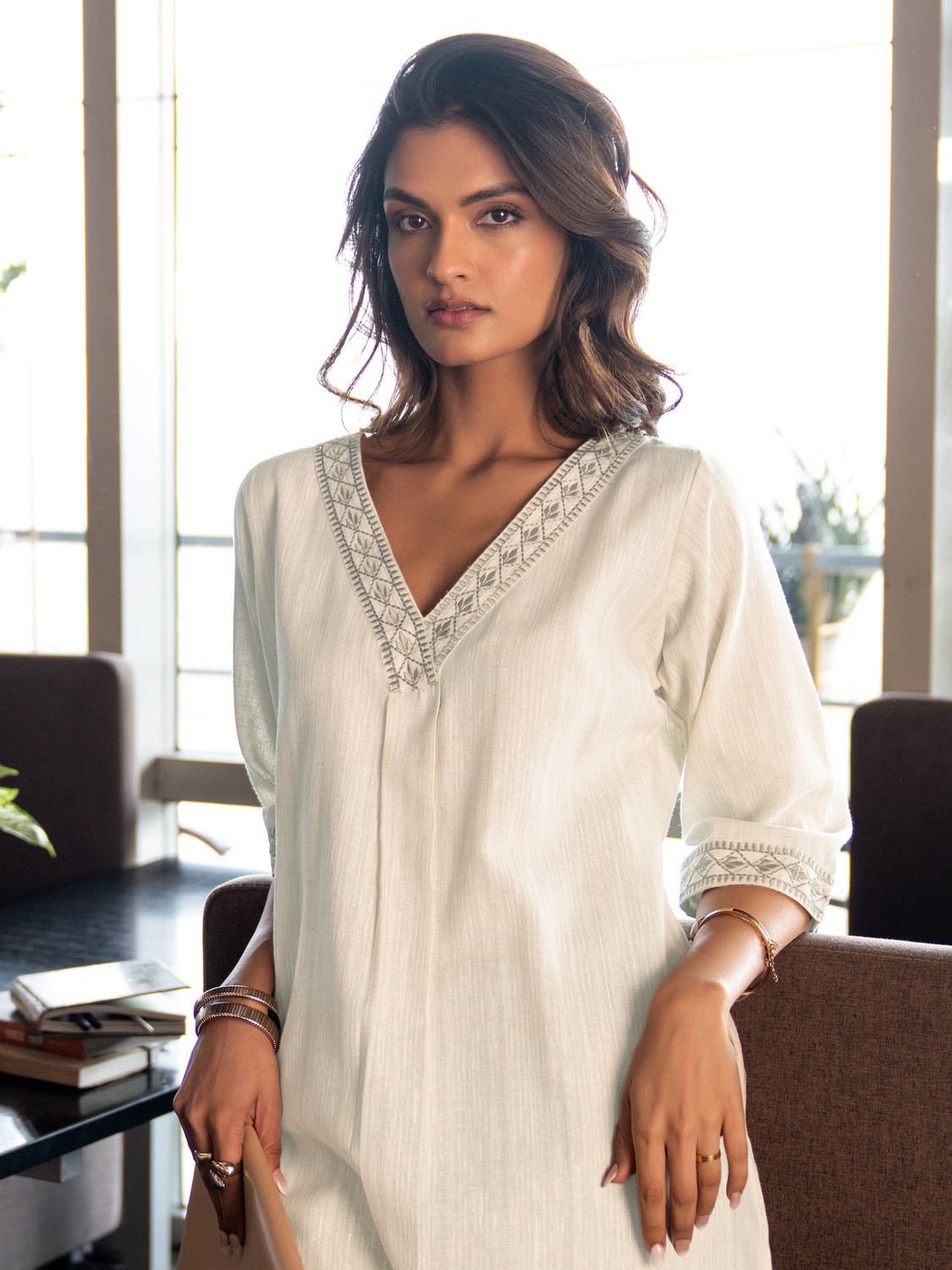 Image of LIBAS Embroidered Cotton Silk Straight Kurta for Women (White)