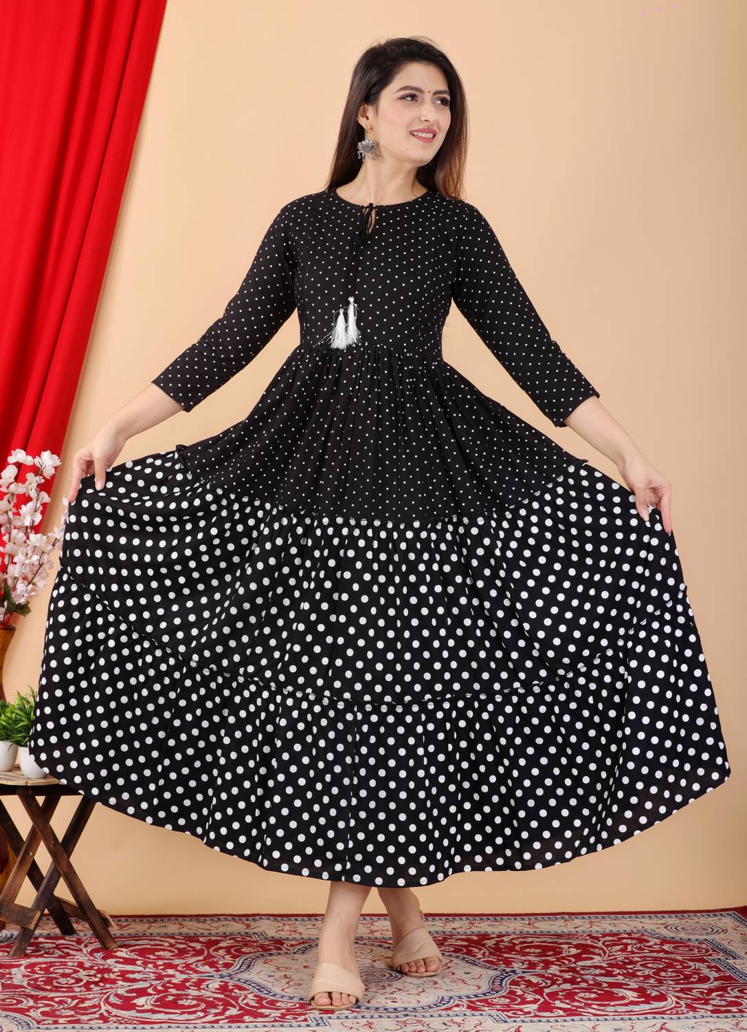 Most Women Printed Pure Cotton Flared Kurta (Black)