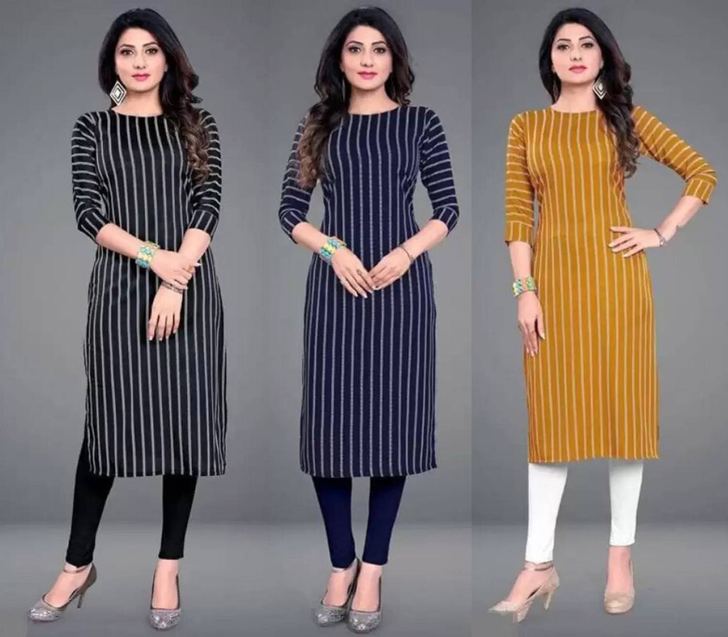 AK Fashion Pack of 3 Women Printed Crepe Straight Kurta (Multicol