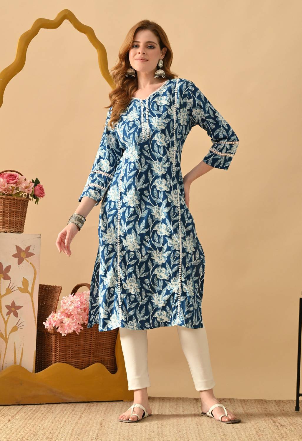 Deepyog Women Floral Print Viscose Rayon Straight Kurta (Blue)