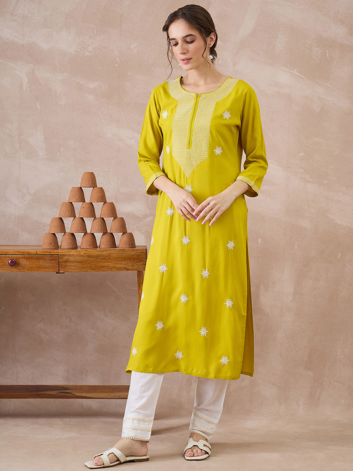 Image of Indo Era Women Embroidered Straight Kurta