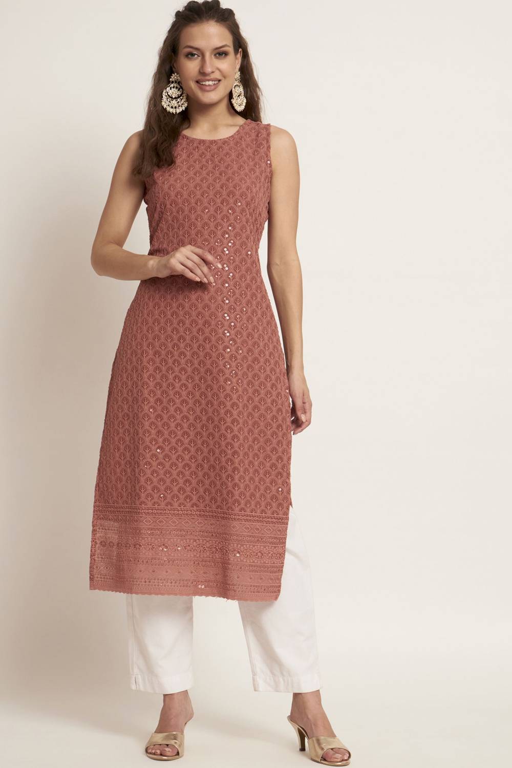 SHOPPING QUEEN Women Embroidered Georgette Straight Kurta (Brown)
