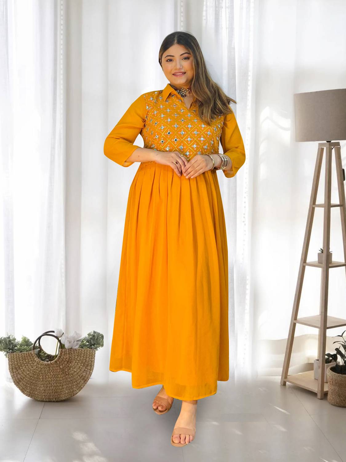 Youthnic Women Embroidered Georgette Anarkali Kurta (Yellow)