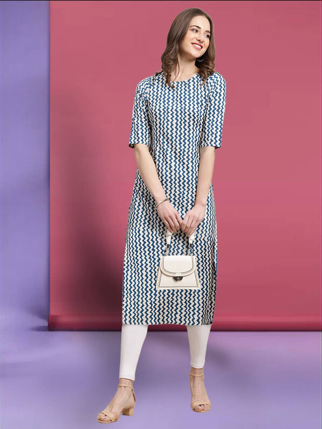 EthnicBasket Women Striped Crepe A-line Kurta (White, Blue)