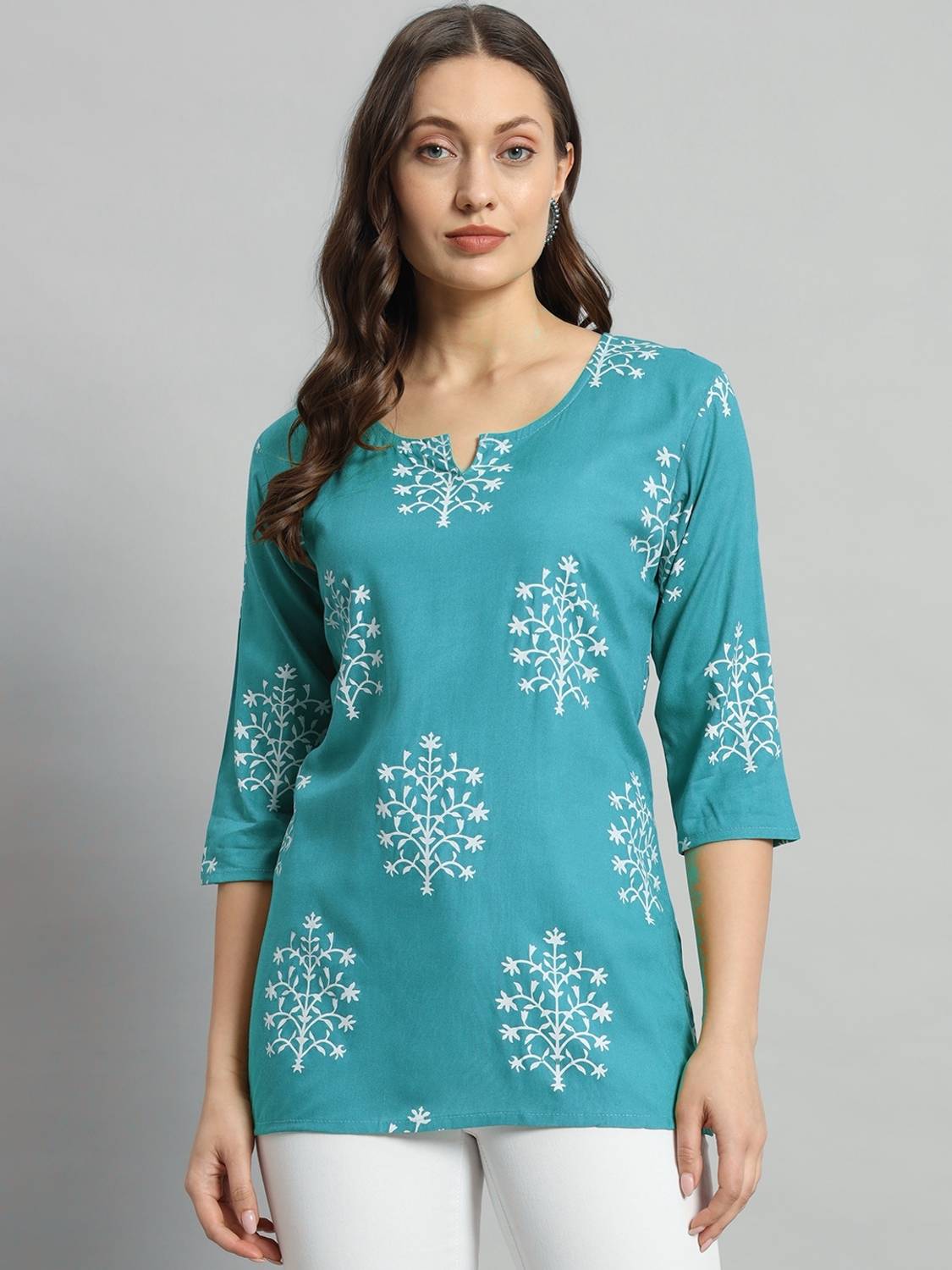 HYTEN Women Printed Viscose Rayon Straight Kurta (Light Blue)