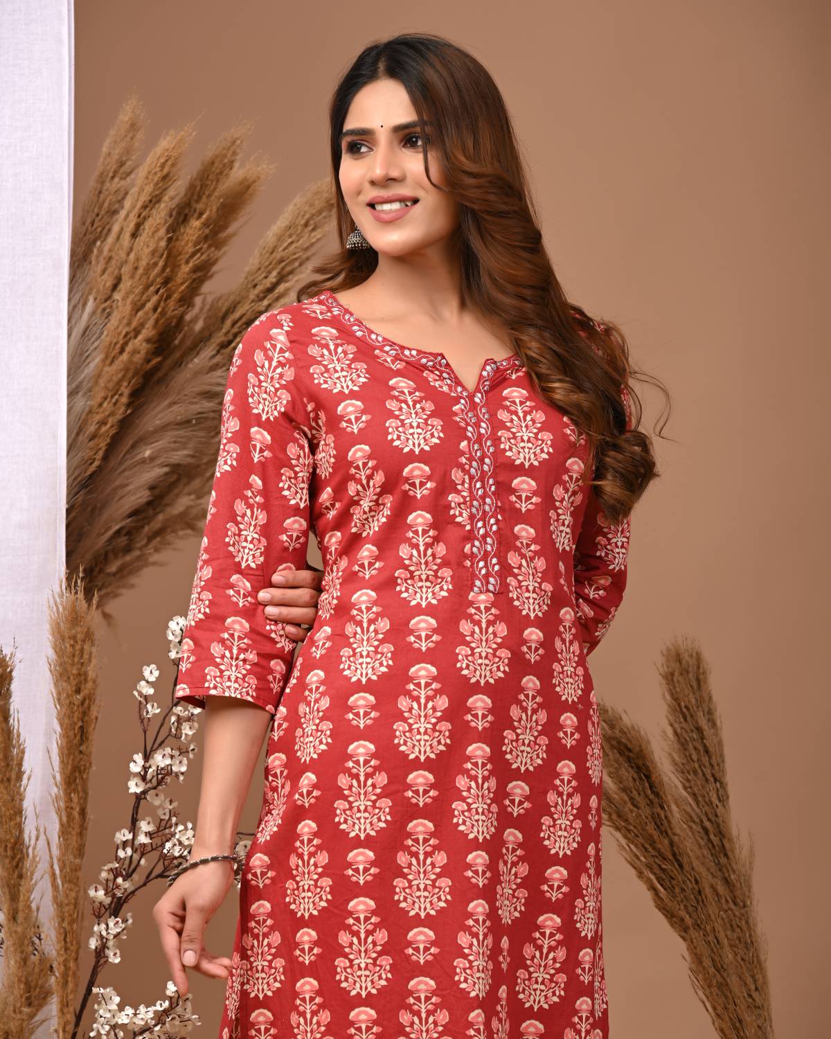 Rimeline Women Printed Pure Cotton Straight Kurta (Maroon)