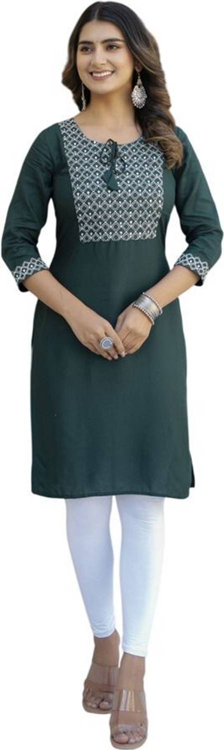 MF HAYAT Women Embroidered Viscose Rayon Straight Kurta (Dark Gre