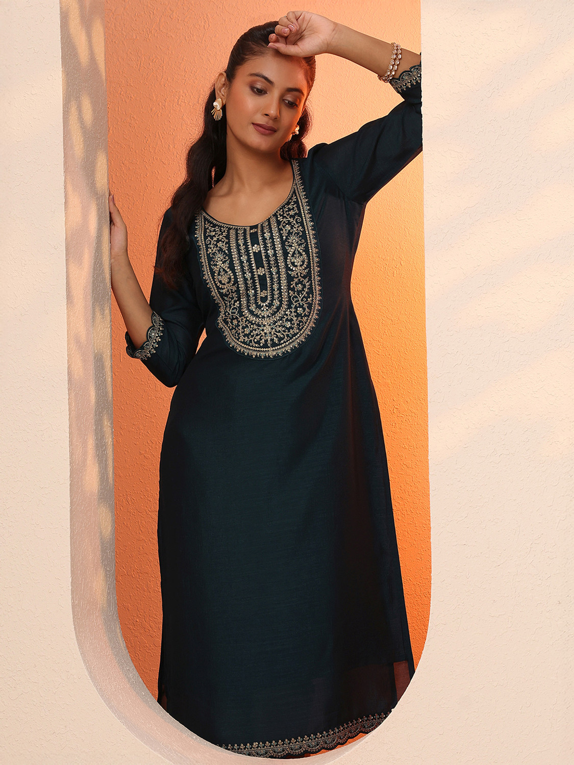 Image of LIBAS Embroidered Silk Blend Straight Kurta for Women (Blue)