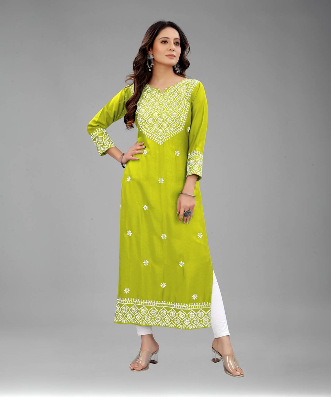 fantasy fab Women Embroidered Cotton Rayon Straight Kurta (Light